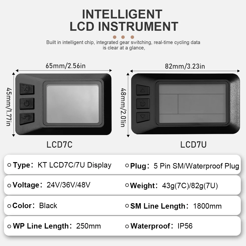 

Ebike KT Display LCD7U(with USB) Compatible Voltage 24V 36V 48V 5pin SM/Waterproof Display For Electric Bike Conversion Kit
