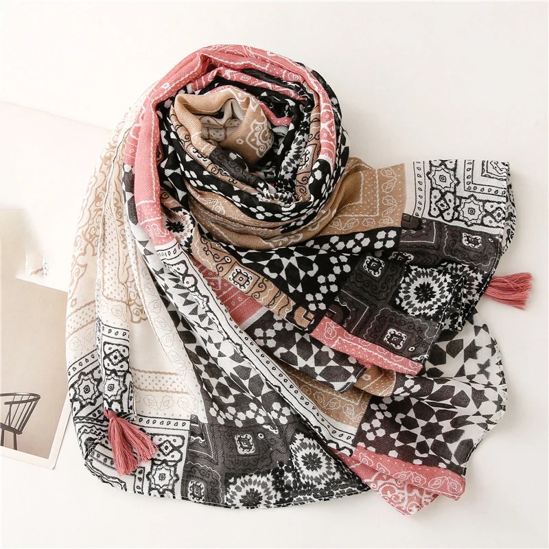 Printed Floral Cotton Tassel Scarf Viscose Shawls For Woman Summer Beach Long Muffler Fashion Muslim Headband 185*90cm