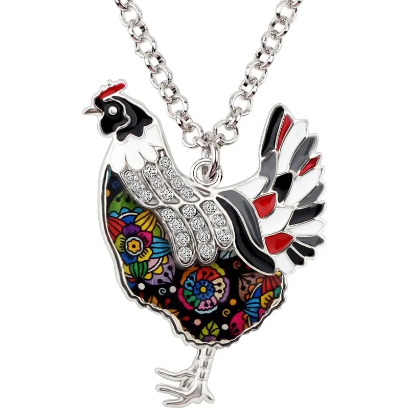 BONSNY Enamel Silvestone Farm Lover Chicken Hen Necklace Pendant Charm Fashion Jewelry for Women Gift