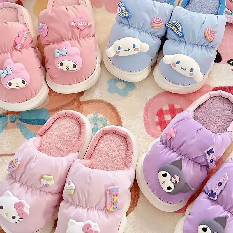 Anime Sanrios Winter Thickened Kuromi Cotton Slippers Cartoon My Melody Cinnamoroll Home Warm Anti-Slip Indoor Shoes Thick Sole