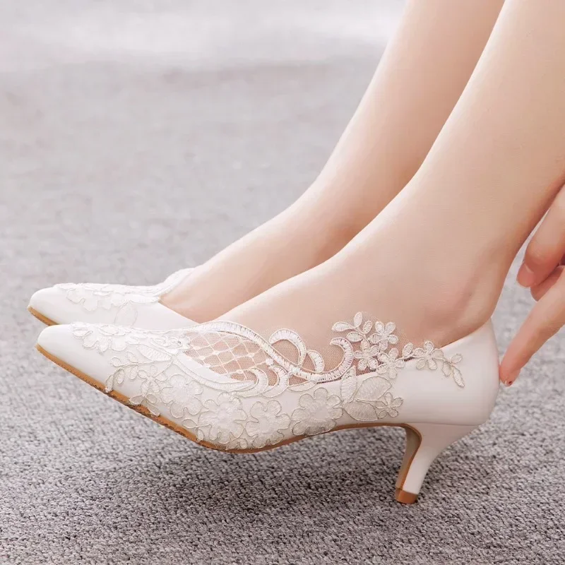 Women Pumps Pointed Toe Lace Slip-On PU 5CM Thin Heels Elegant And Minimalist Mature Banquet Wedding Shoe Sexy Ladies Party Shoe