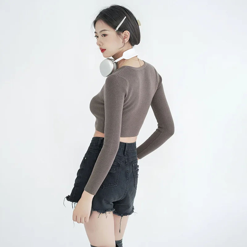 2024 Autumn American Knitted Sweater Sweet and Spicy Short Style Tight Long Sleeve Inner Bottom Top