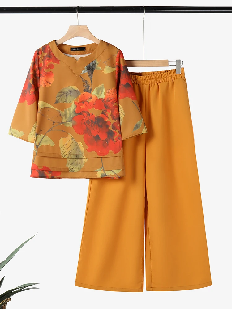 ZANZEA 2 STUKS Zomer Broek Past Vrouwen Gedrukt Bijpassende Sets 3/4 Mouw Bloemen Blouse Wijde Pijpen Broek Sets Casual losse Outfits