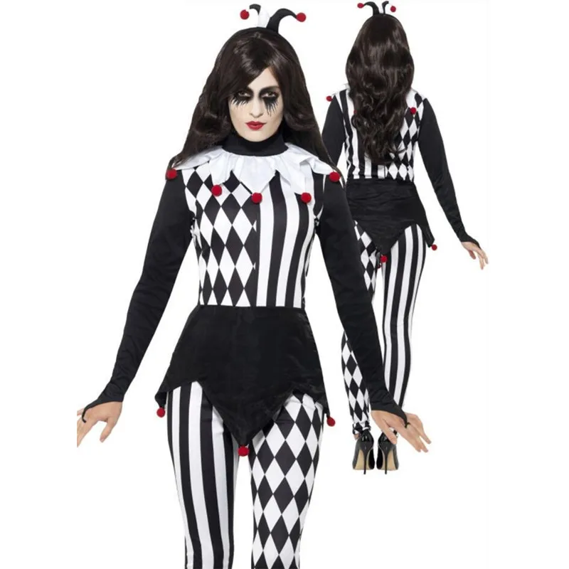 Evil Clown Quinzel Cosplay Cosutme Women Black White Plaid Sexy Jumpsuit Catsuit Halloween Carnival Role Play Outfits Bodysuit