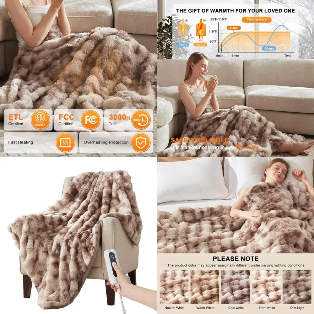 

Twin Size Plush Bubble Faux Fur Electric Blanket with 6 Heat Levels & 10-Hour Auto-Off, Machine Washable, 62x84