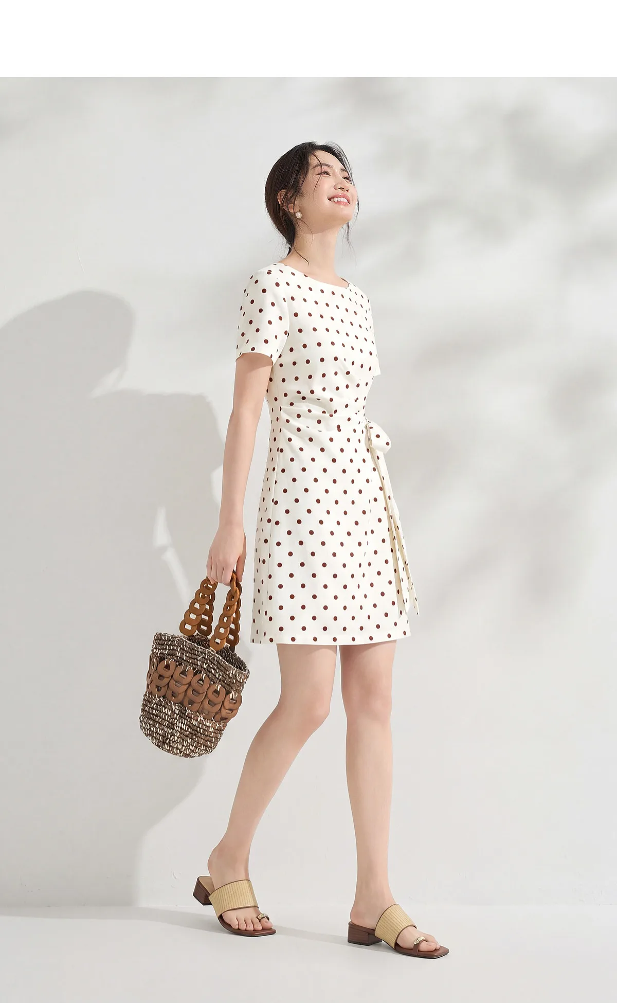 SENTUBILA Damen Französisches Polka-Dot-Kleid Leinen A-Linie Retro Mode Kurzarm Kurzes Kleid Damen Partykleidung 162LI7499 – Detail 4