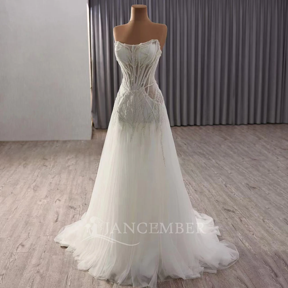 

Customized Sleeveless Strapless Novelty A-Line Wedding Dreses Beading Lace Organza Princess Bride Gown 2025 Vestido De Noiva