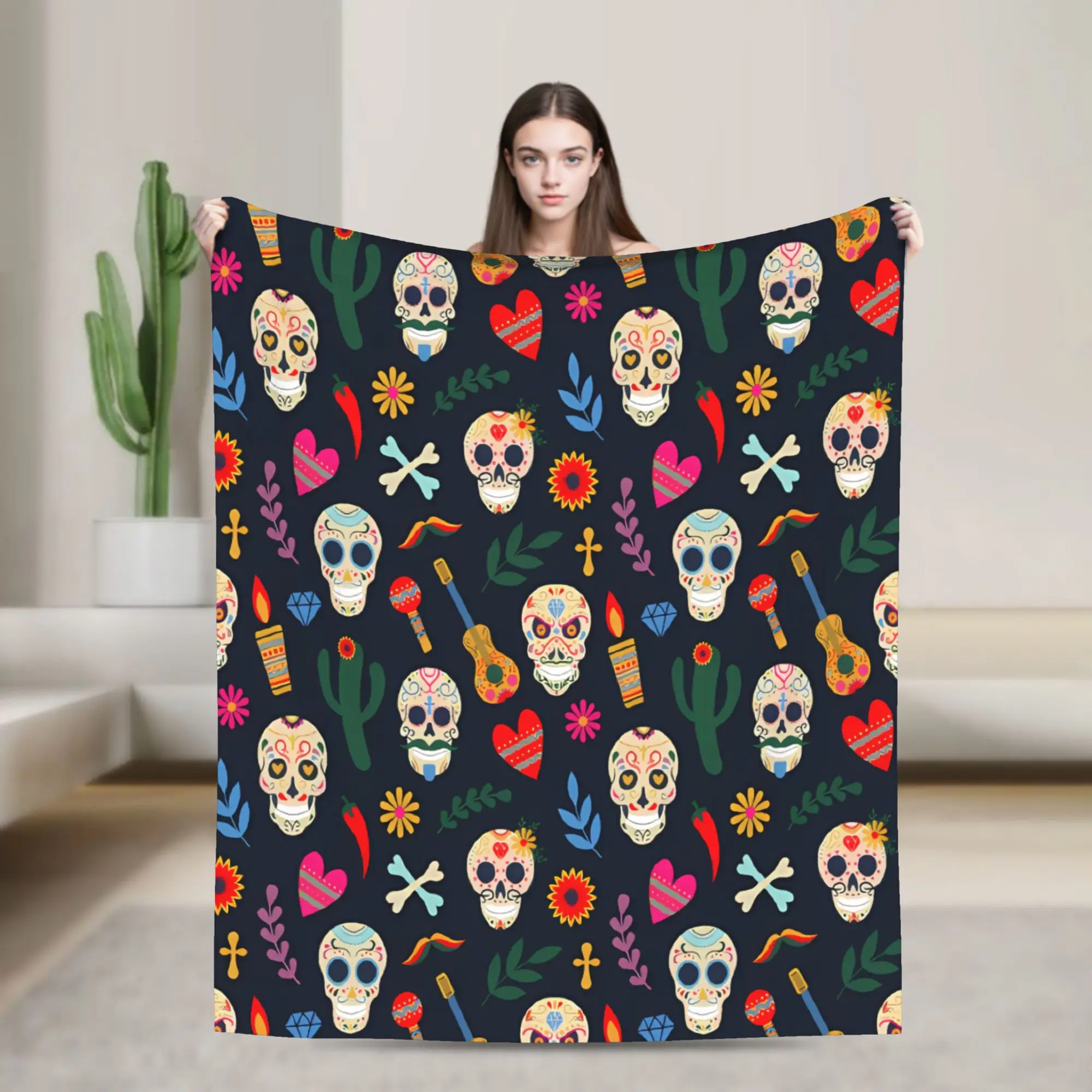 Bright Sugar Skull Cactus Art Flannel Blanket Winter  Warm Soft Throw Blanket for Boy Girl Bedroom Bedspread Sofa Bed Cover