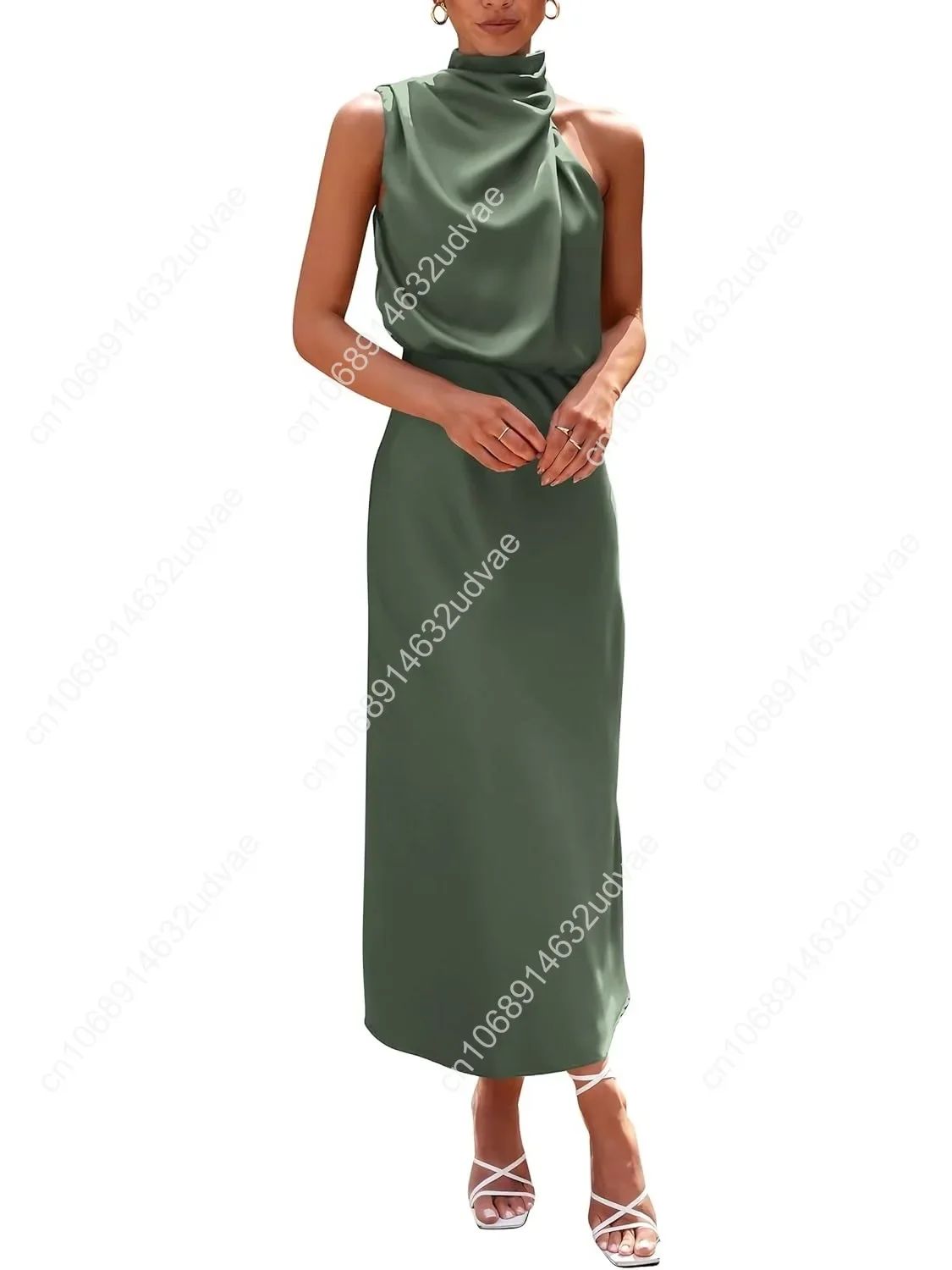 

2025 Summer Satin Dress Women's Elegant Sleeveless Mock Neck Cocktail Party Maxi Dresses