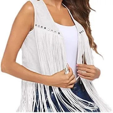 Jaqueta de borla feminina pele de veado veludo sem botões colete médio longo colete jaqueta