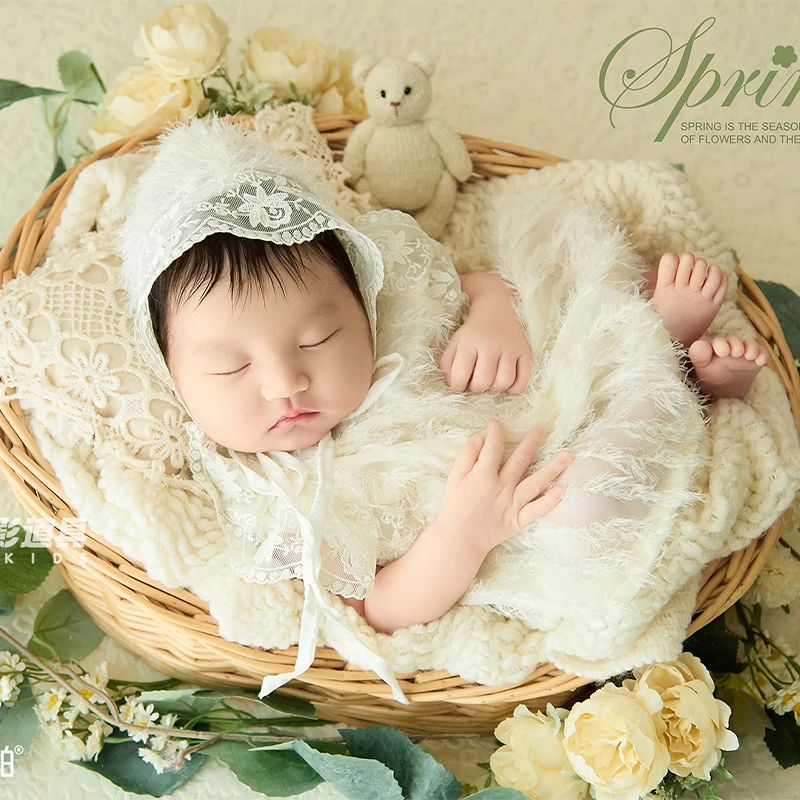 Ins Style Newborn Photography Props, Creamy White Fluffy Lace Hat & Baby Dress Outfit, 0-1 Month Infant Full Moon Photo Costume