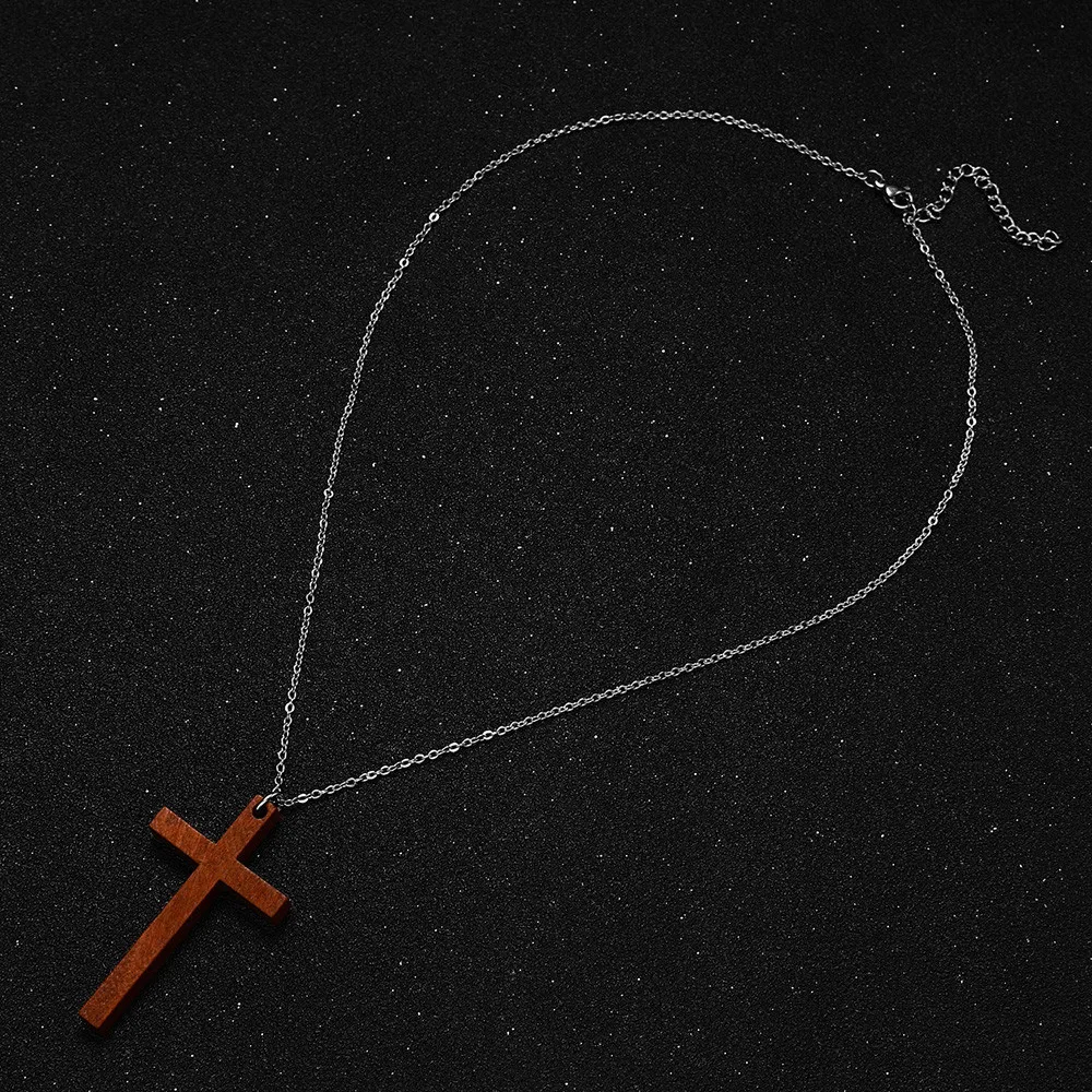 MisenBaBa Vintage Stainless Steel Wooden Cross Pendant Necklace for Women Fashion Wood Necklaces Religious Catholic Jewelry