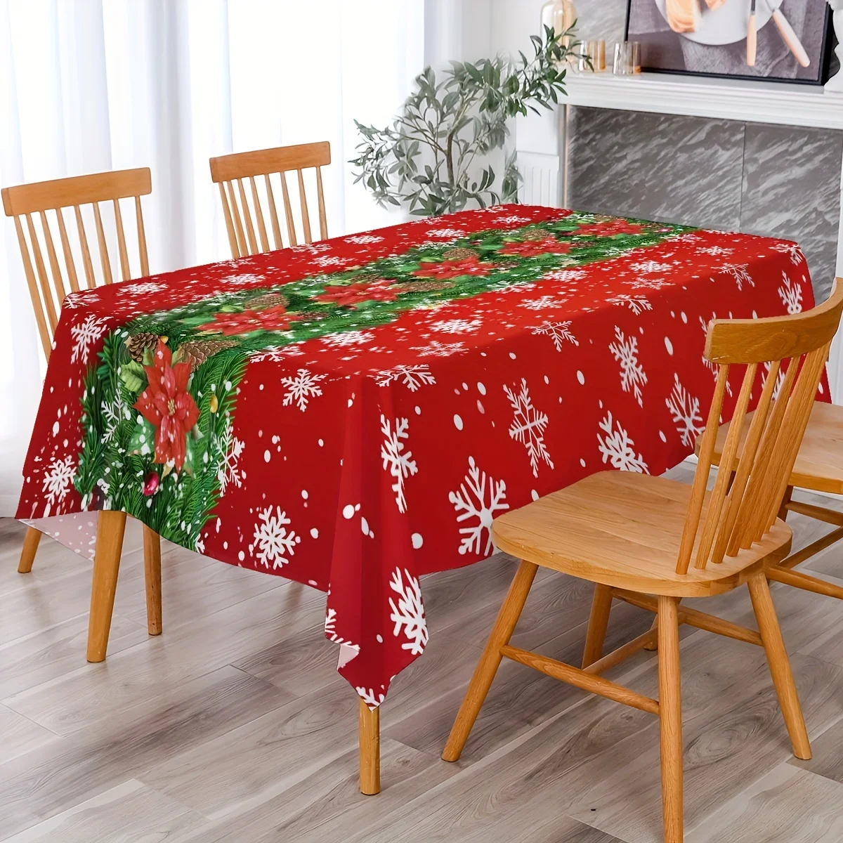 Christmas Poinsettia Pine Needles Snowflake Rectangle Tablecloth Wedding Decor Waterproof Dining Tablecloth Christmas Decoration