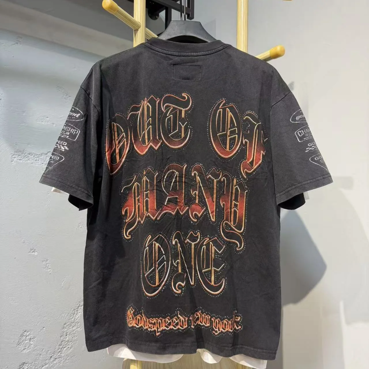 Godspeed American Motorcycle Skull Man Ins Style Washed Vintage Heavyweight Pure Cotton Short Sleeve T-Shirt Streetwear