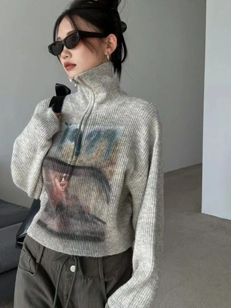 

Pullovers Sweater with Zipper Sweatshirts for Women Orint on Full Zip Up Baggy Female Clothes Loose E Dropshiping 2000s M Tops