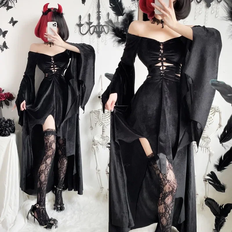 Kostium na Halloween dla kobiet Anime Cosplay czarna sukienka czarownica długa Vestidos wampir strój panny młodej seksowne Disfraz kostiumy karnawałowe