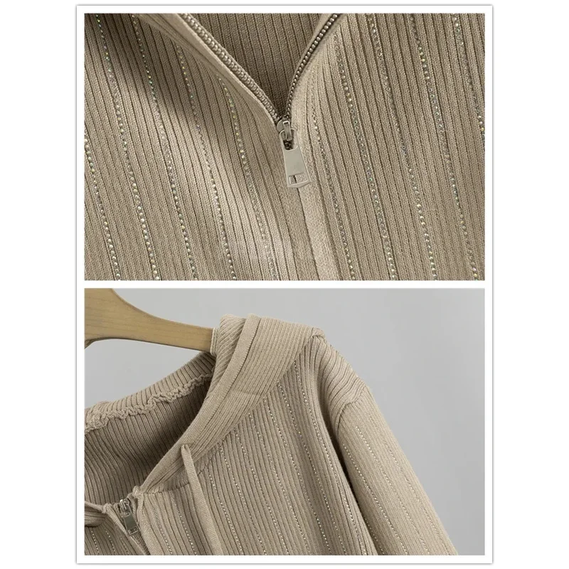 New Knitting Straight Pants/Skirts Suits Bright Silk Striped Knit 2 Piece Sets Women korean Thick Short Hooded Cardigan Conjunto