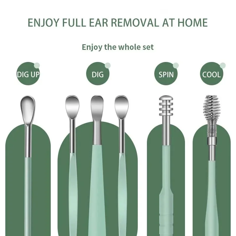 6Pcs Stainless Steel Ear Wax Removal Tool Set Reusable Spiral Ear Cleaner Spoon, Portable Ear Cleaning Kit for Adults & Home Use