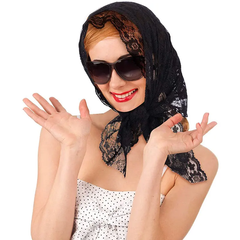 White Black Lace Catholic Veil Mantilla for Church Head Covering Scarf Flower Mass Voile Shawl Kerchief For Muslim Women