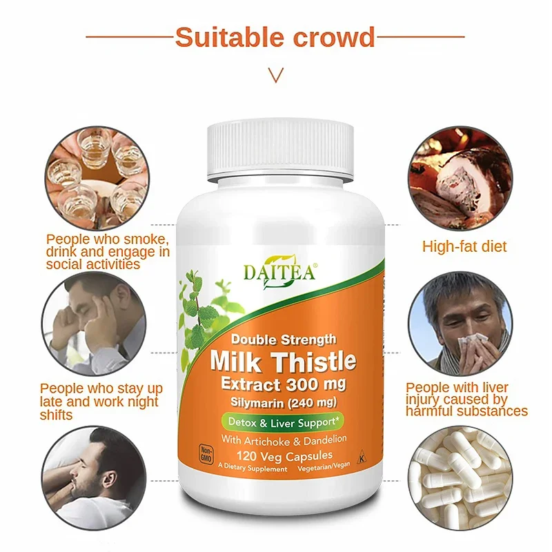 Mariadistelextractsupplementen, Silymarin, dubbele sterkte, levergezondheid, ondersteunt leverfunctie, detox, niet-GMO, vegetarisch