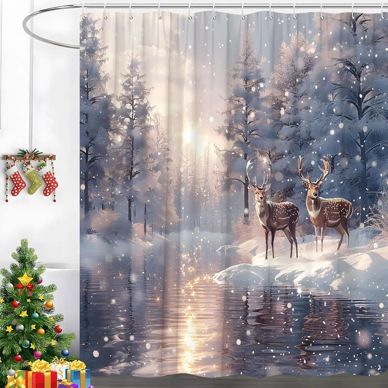 

Winter Snow Forest Shower Curtain Christmas Pine Tree Deer Dreamy Snowflake Woodland Wildlife Animal Elk Xmas Reindeer Nature
