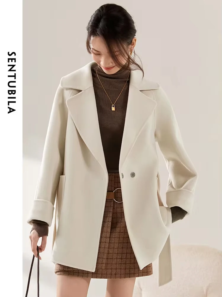 SENTUBILA ผู้หญิงเสื้อขนสัตว์ฤดูหนาว Elegant Turn-Down COLLAR Double-Faced เปิด Overcoat เสื้อเดินทางสําหรับผู้หญิง W24O42199