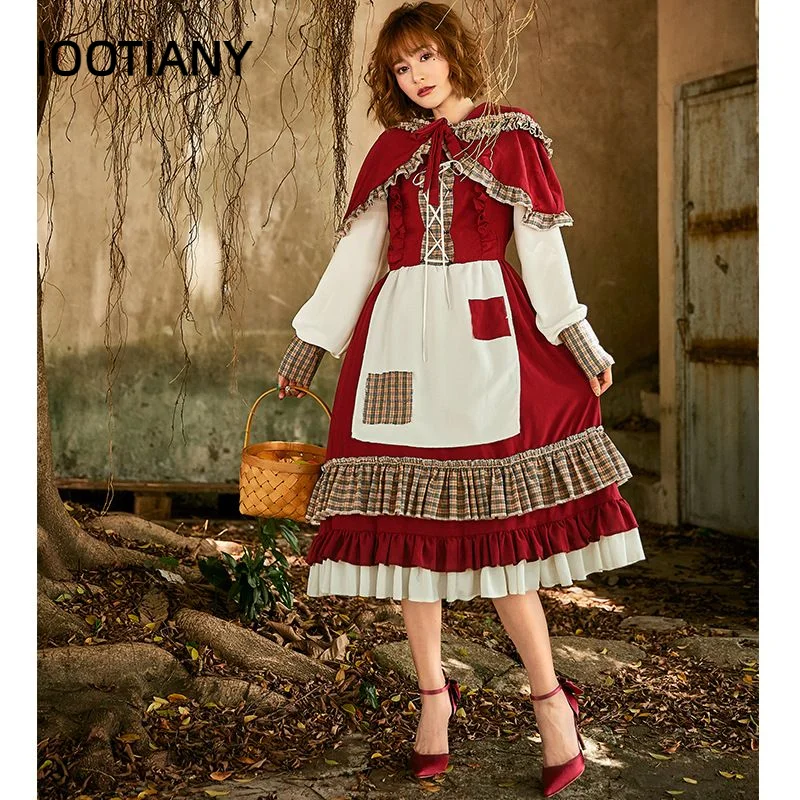 

IOOTIANY Lace Patch Lolita Little Red Riding Hood Long Dress Cosplay Costume Suit With Cape for Girls Woman Party Costumes 2024