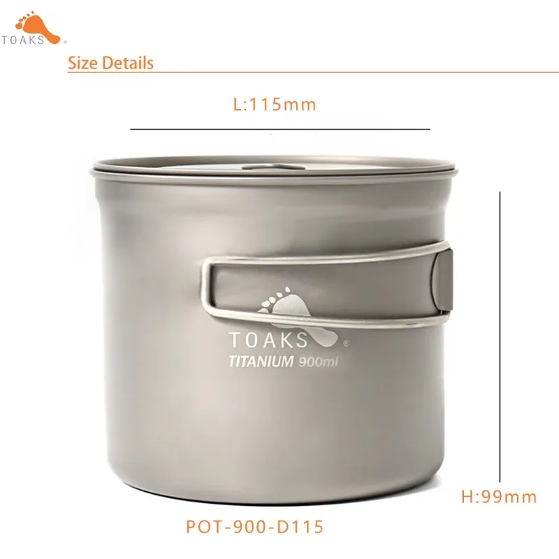 Imagem -02 - Pote Ultraleve de Titânio Toaks Pot-900-d115 Equipamento de Acampamento ao ar Livre Copo de 900ml com Tampa e Alça Dobrada