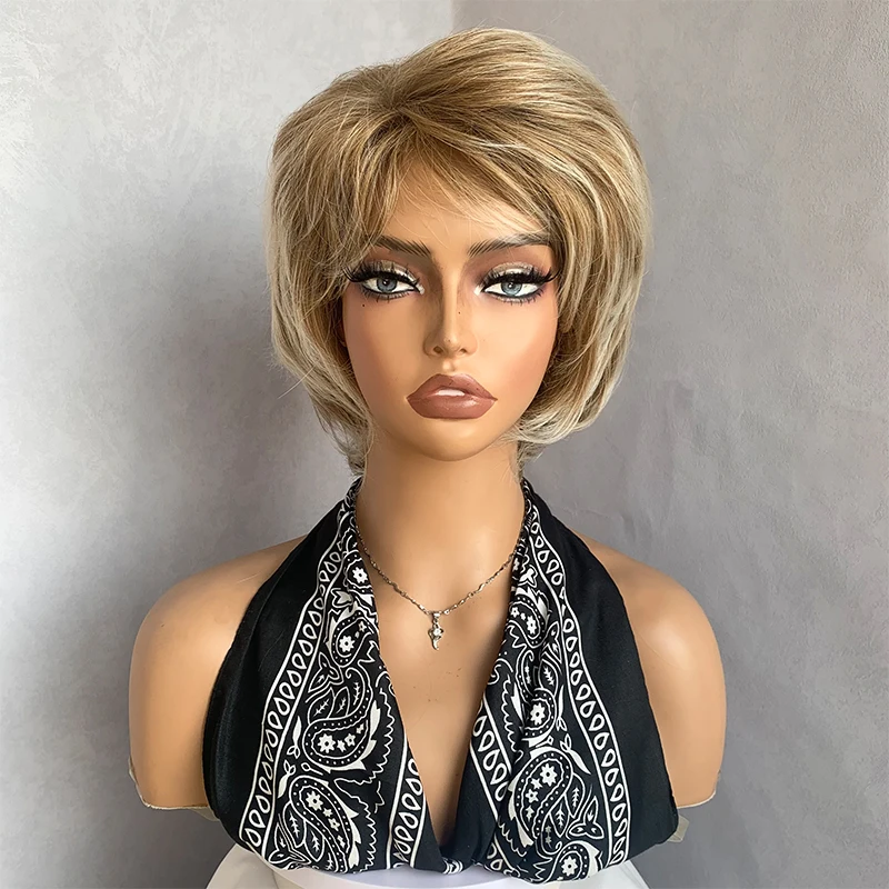 

Short Pixie Cut Mixed Brown Synthetic Wigs Natural Straight Layered Wigs with Fluffy Bangs For Women Heat Resistant Hair Daily