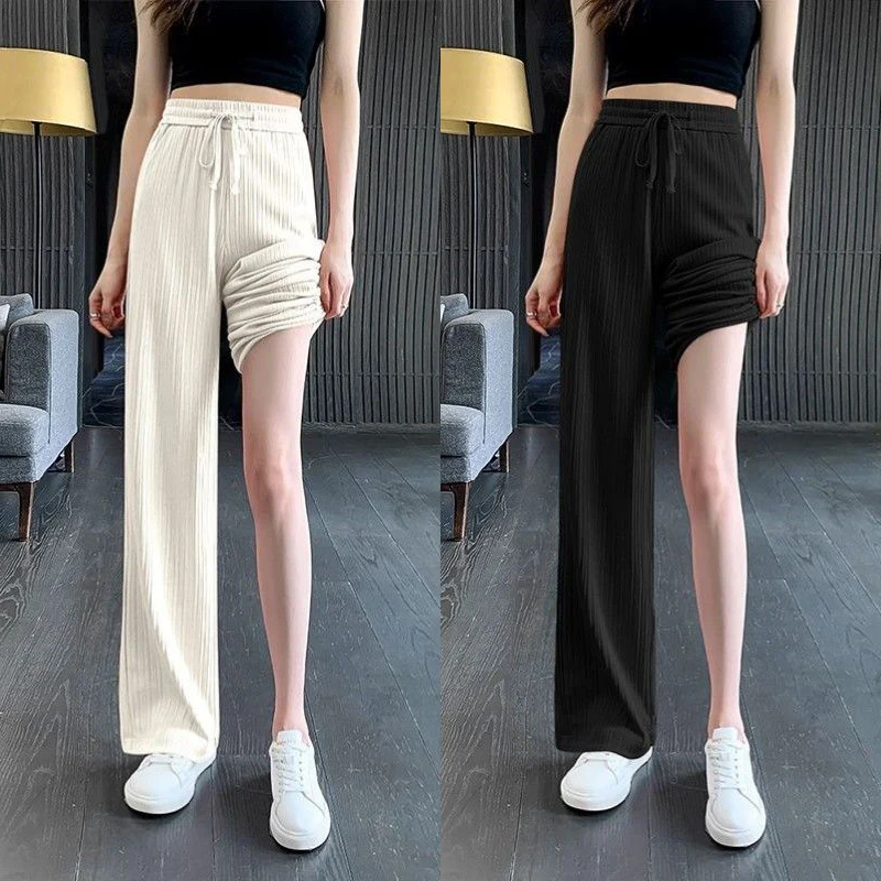 

Trend Spring Summer Women's Long Leg Pants ice silk Straight-leg Pants Casual Solid Color High Waist Office Loose Pants White