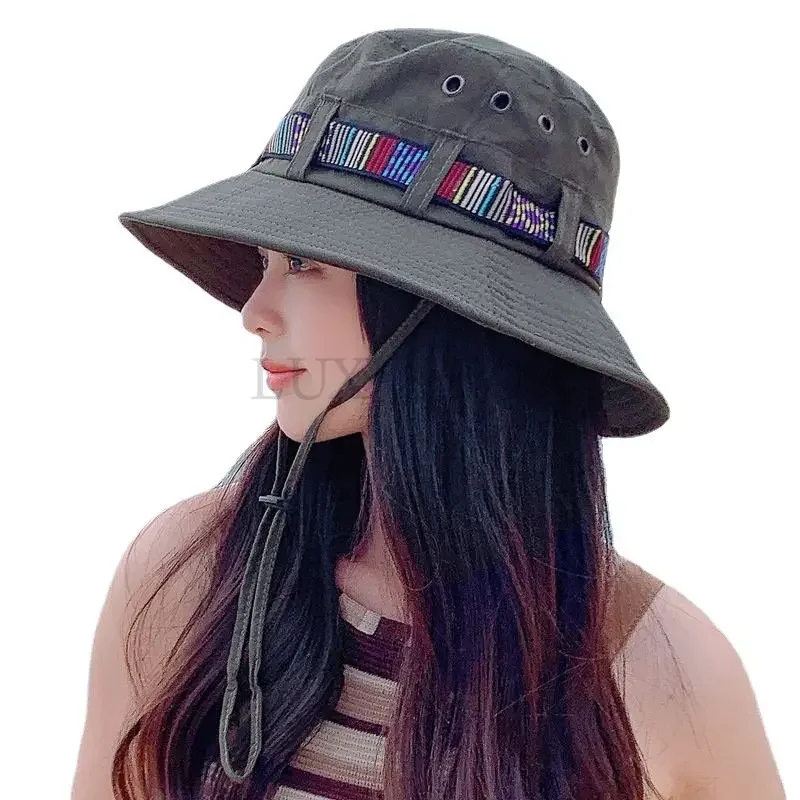 Women Summer Outdoor Hiking Fishing Hat Colored Belt Wide Brim Bob Foldable Sun Bucket Hats UV Protection Panama Fisherman Cap