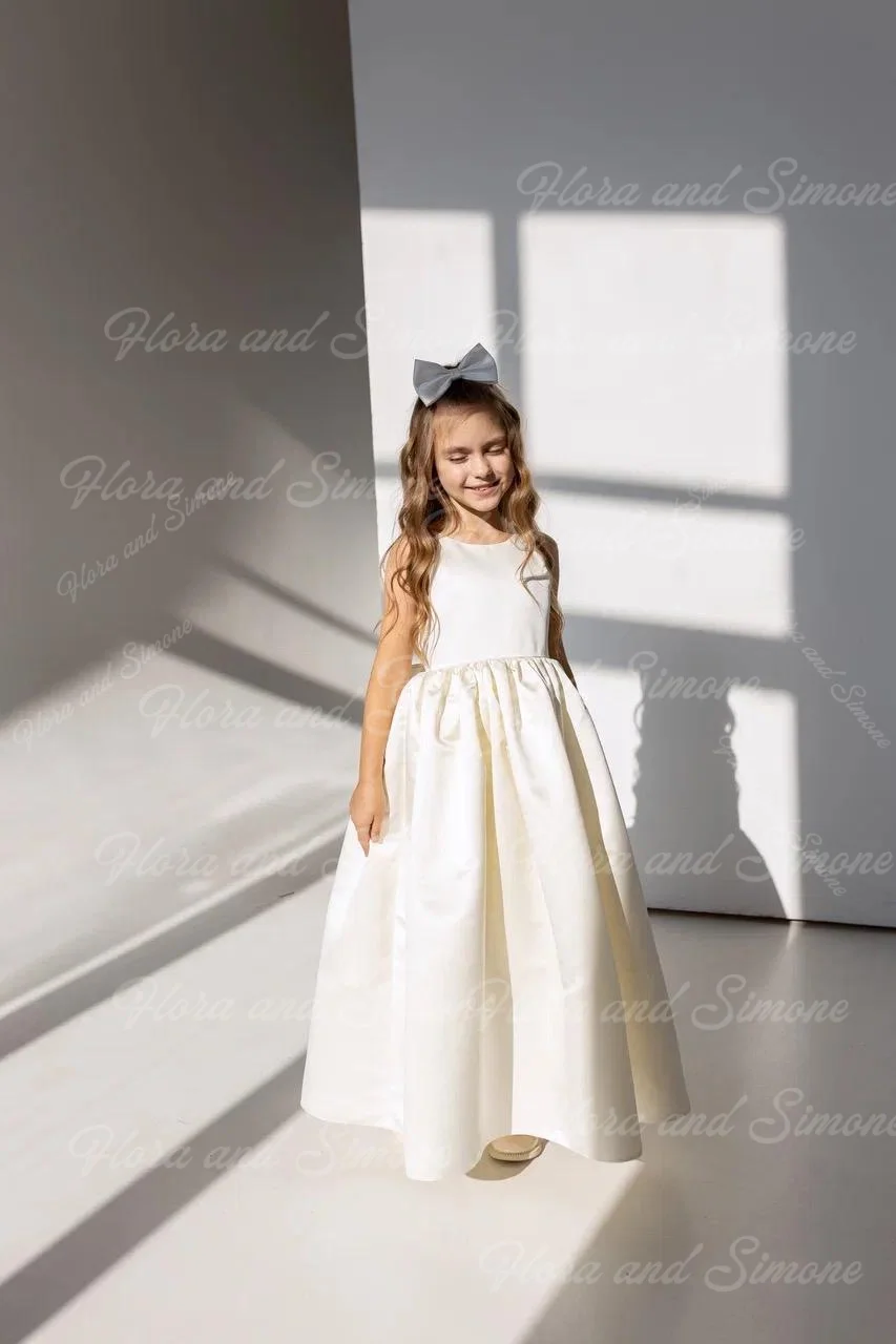 Vestido de cetim branco para meninas, vestido até o chão, linha a, com costas abertas e laço para cerimônias de casamento, festas formais de recepção