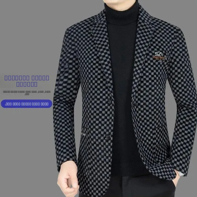 

New 2025 Men's Casual Tailored irt Large Size Slim Fit Plaid Dominant Sle Winter Faion Outerwear Stand Sve Length