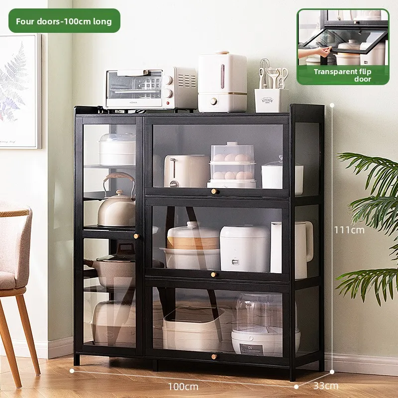 Clear ViewBambooStorageCabinet withGlass-Like Acrylic Panels FlipTopDoorsSpaciousKitchenOrganizerSideboardforPlatesBowlsCookware