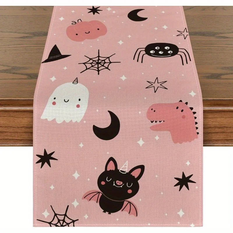 

Halloween Spooky Ghost Spider Web Bat Pink Linen Table Runner for Table Decor Kitchen Dining Table Runners Halloween Decoration