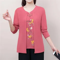 Women Fashion Printed Fake Two Piece T-Shirt Middle Aged Elderly Women's T-Shirt Top 2024 New Spring Autumn Clothing Tshirt