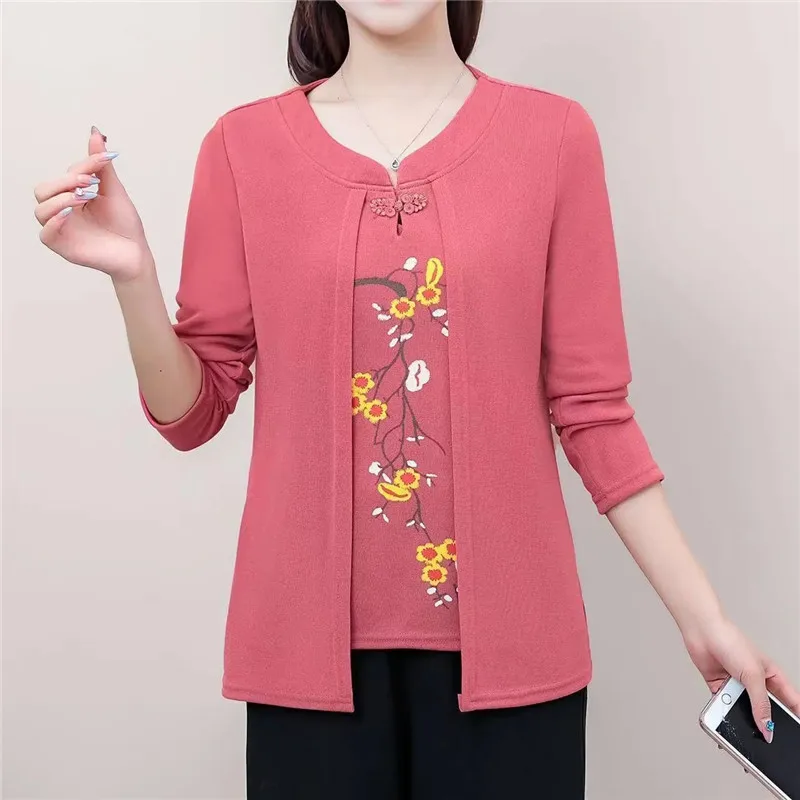 Women Fashion Printed Fake Two Piece T-Shirt Middle Aged Elderly Women's T-Shirt Top 2024 New Spring Autumn Clothing Tshirt