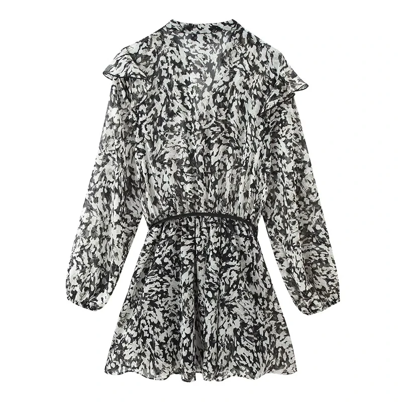 KEYANKETIAN Herbst Neue frauen V-ausschnitt Rüschen Rand Layered Lange Ärmeln Graffiti Print Mit Taille Gürtel Mini Slim Fit Kleid