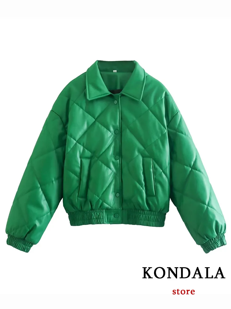 KONDALA Vintage Green Leather Loose Jackets Women Long Sleeve Single Buttons Turn Down Collar Coats Fashion 2022 Outwears