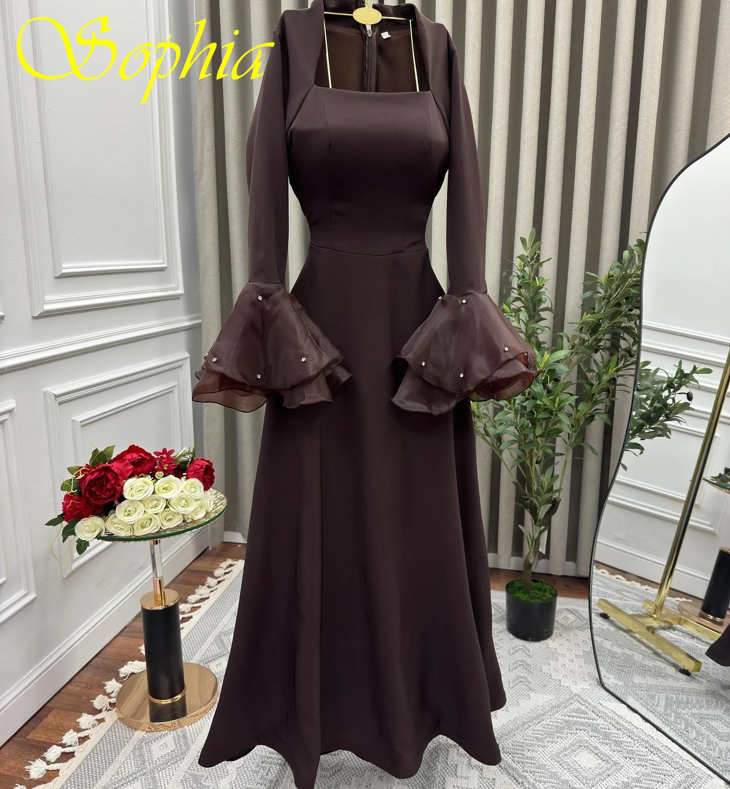 

Customized A-Line Square Collar Long Sleeves Elegant Evening Dress Delicate Formal Bespoke Occasion Gowns Fashion Party Dress