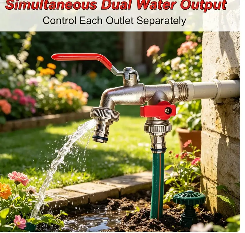 Faucet Brass 1/2'' Threaded Connection Dual Outlet Spout Multifunctional Durable Garden Faucet