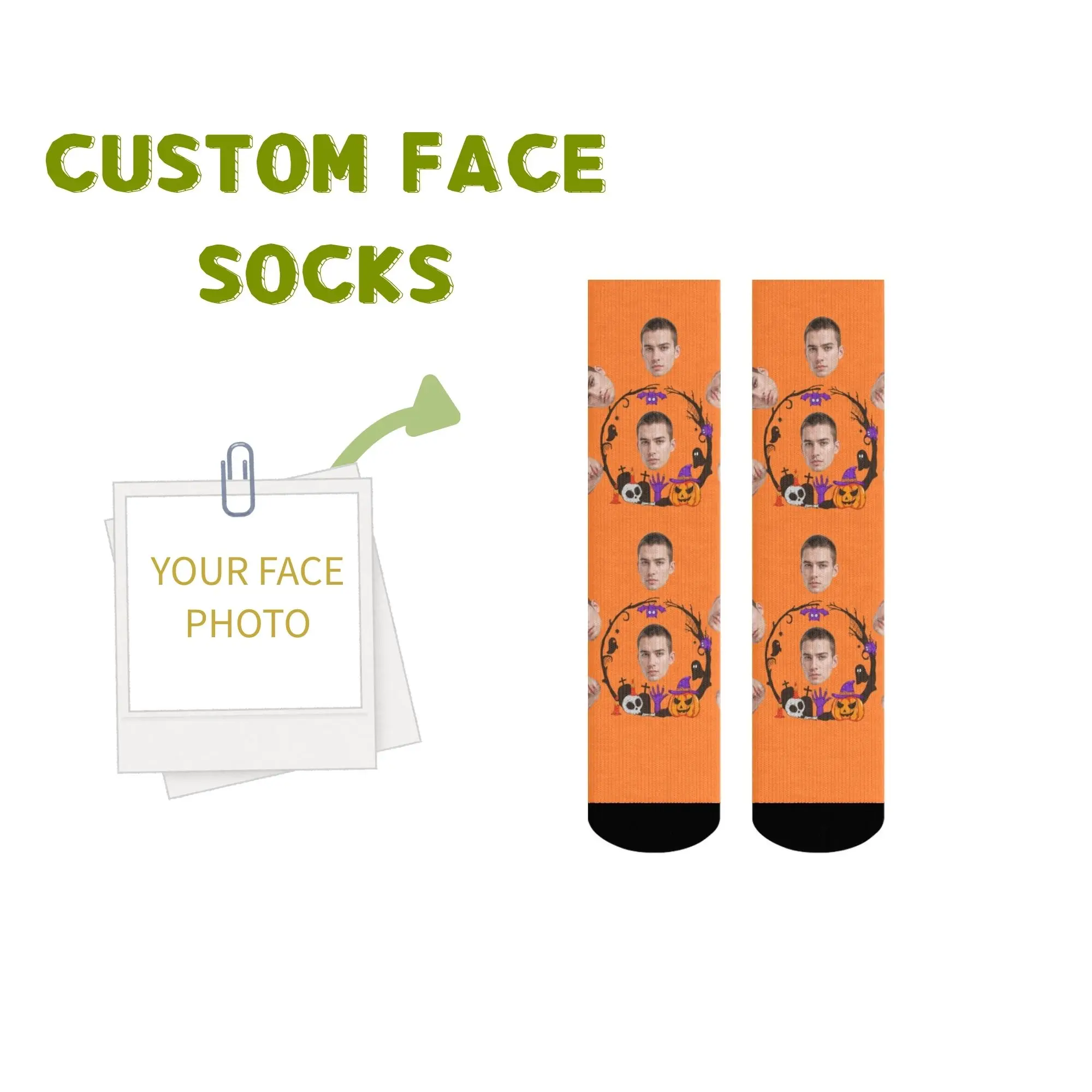 

Personalized Halloween Gift Socks Custom Face & Halloween Elements Pumpkin Skull Bat on Orange Festive Present for Friends