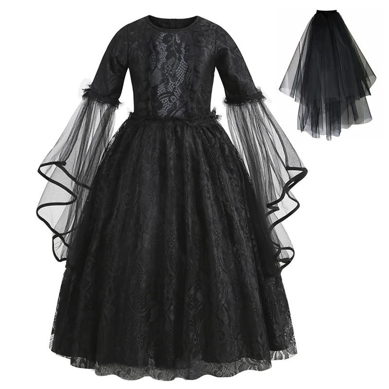 Halloween Children Ghost Bride Cosplay Costume Kids Black Gothic Cosplay Dress Girls Evil Witch Dress Up Outfits Elegant Gown