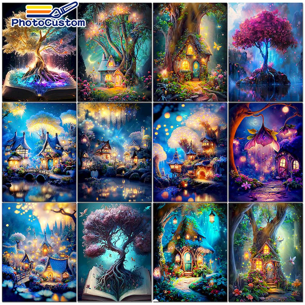 

PhotoCustom Diy Paint By Numbers For Adult Supplies Tree House Marker By Number Landscape For Home Decoration Artwork New