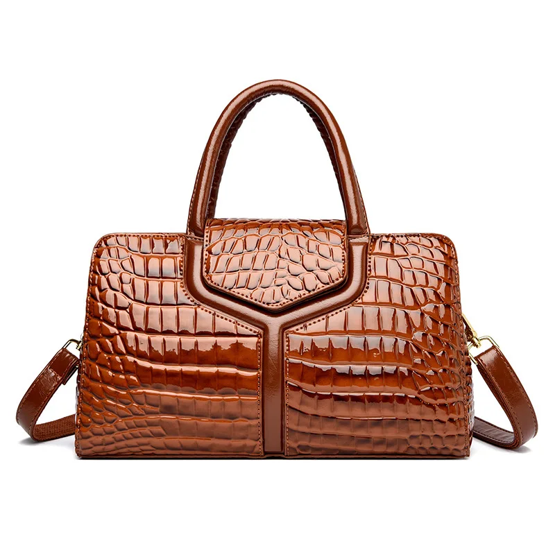 Fashion European American Vintage Crocodile Pattern Patent Leather Women Handbag Large Capacity Casual Shoulder Crossbody Bag