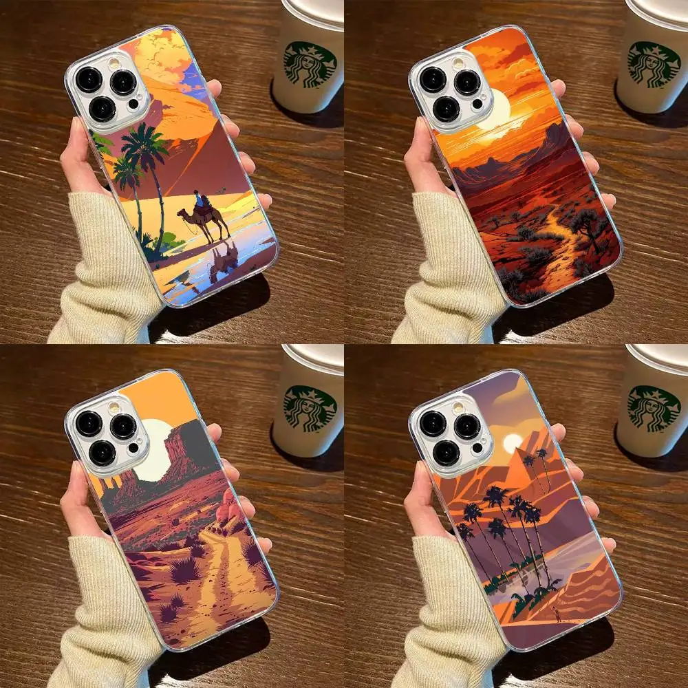 

DESERT SUNSET CARTOON Phone Case For iPhone17,16,15,14,13,12,11 Plus,Pro Max Soft Transparent Cover