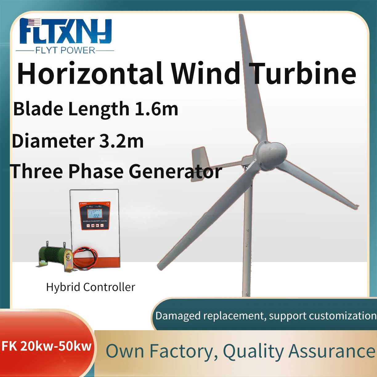 50000W 50KW 220V Generator 3 Blades Horizontal Wind Turbine 220V 230V Inverter High Energy Efficient With Hybrid Controller