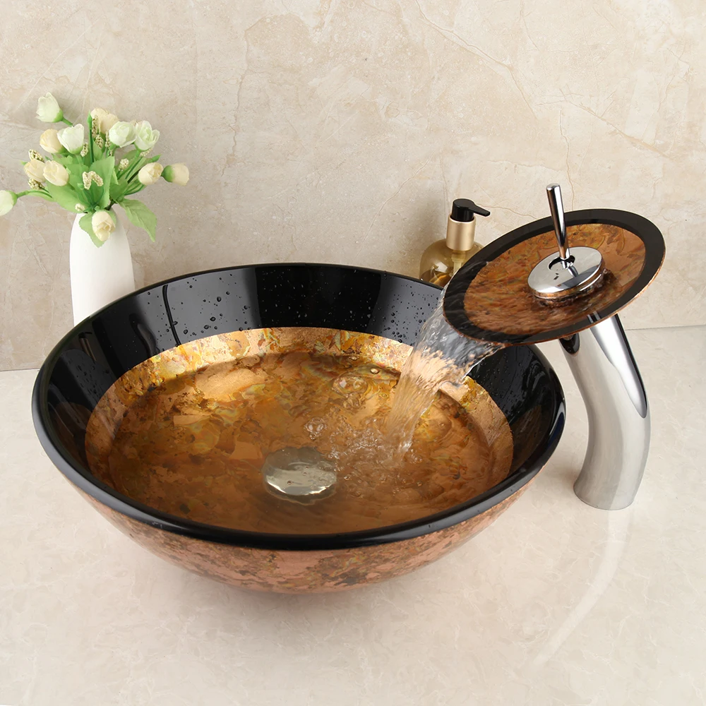JIENI Countertop Basin Glass Sinks Bathroom Victory Vessel Washbasin Tempered Glass Sink With Chrome Waterfall Faucet Set