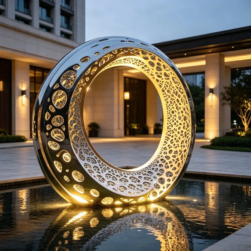 Polished Irregular Hole Hollow Glowing Ring Stainless Steel Sculpture Abstract Luminous Statue For Urban Park Outdoor Landscape