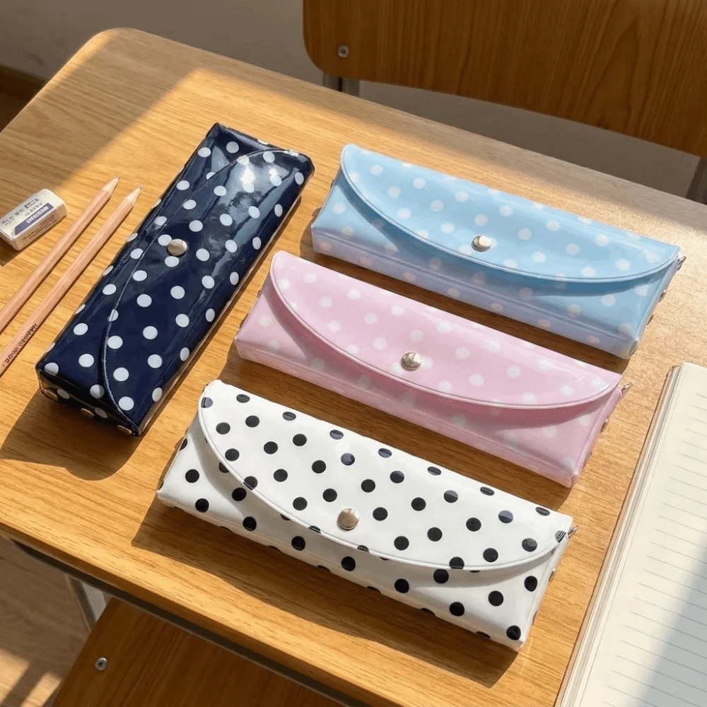 Cute PVC Polka Dot Pencil Case Portable Design Snap Button Closure Storage Pouch Durable Lightweight Stationery Organizer Travel
